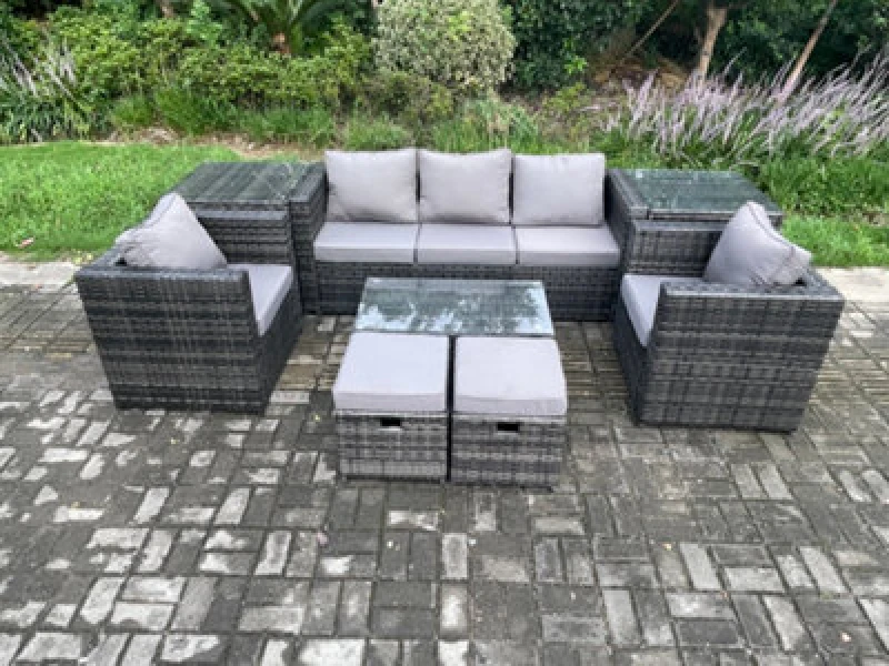 Image of Fimous Outdoor Rattan Garden Furniture Set with 3 Seater Sofa Coffee Table 2 Side Tables 2 Armchairs 2 Small Footstool Dark Grey