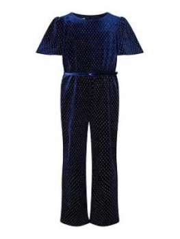Image of Monsoon Girls Velvet Flutter Sleeve Jumpsuit - Navy, Size 9-10 Years, Women