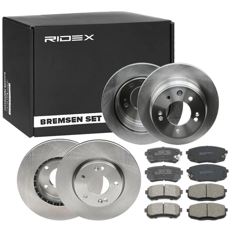 Image of RIDEX 3405B0360 Brake disc and pads set Front Axle, Brake Disc Type: internally vented, with acoustic wear warning Brake Set,disc brakes (3405)