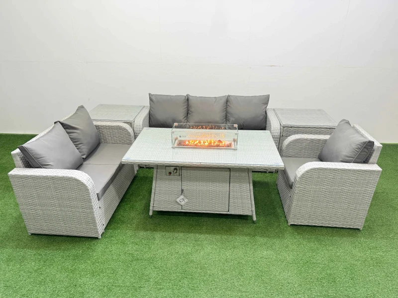 Image of Fimous Patio PE Wicker 6 Seater Outdoor Rattan Furniture Sofa Sets with Firepit Dining Table Reclining Chair Loveseat Sofa 3 Seater Sofa 2 Side Table