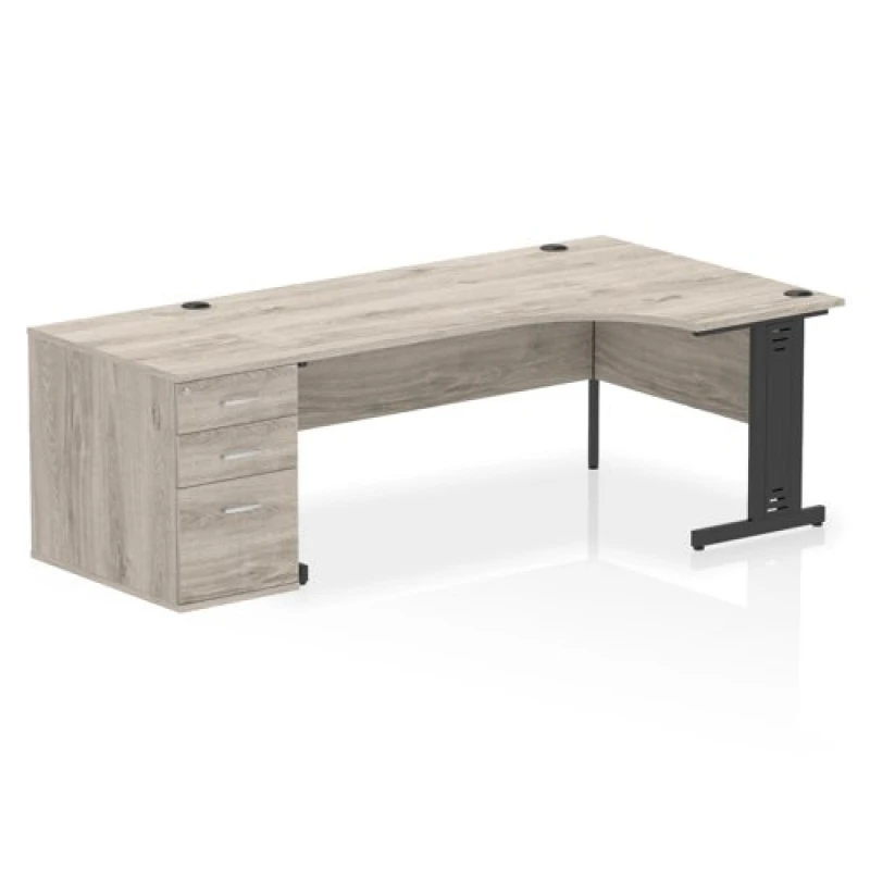 Image of Impulse Impulse 1800mm Right Crescent Office Desk Grey Oak Top Black Cable Managed Leg Workstation 800 Deep Desk High Pedestal IWSRC188BCMGRY