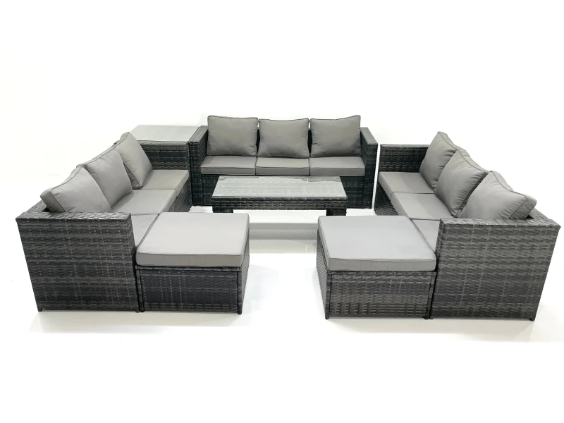 Image of Fimous Outdoor Garden Furniture Set 7 Pieces Rattan Sofa Set with Coffee Table 2 Big Footstools Side Table Dark Grey Mixed Dark Grey