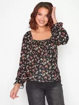 image of Long Tall Sally Ditsy Square Neck Print Top - Black, Size 10, Women