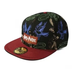 Image of Harry Potter Wizards Unite Logo and Hogwarts Houses Symbols All-Over Print Snapback Baseball Cap- Black/Red