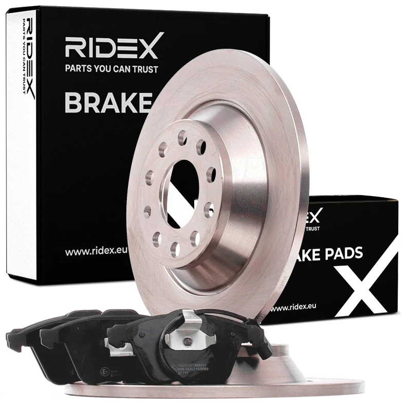 Image of RIDEX 3405B1124 Brake disc and pads set Rear Axle, Brake Disc Type: Solid, incl. wear warning contact Brake Set,disc brakes (3405)