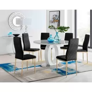 Image of Furniture Box Giovani Round Grey Large 120Cm Table and 6 Black Velvet Milan Gold Leg Chairs