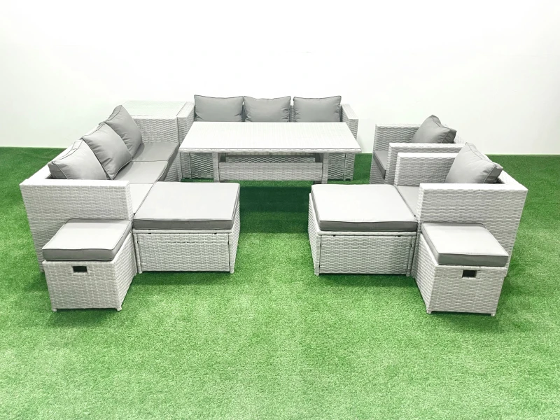 Image of Fimous Rattan Garden Furniture Dining Set 12 Seater Lounge Sofa Chair Dining Table Set with 4 Footstools Side Table Light Grey Mixed Light Grey