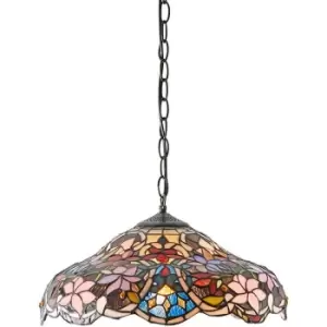 Image of Floral Tiffany Glass Design Ceiling Pendant Light - Dark Bronze Effect Fitting