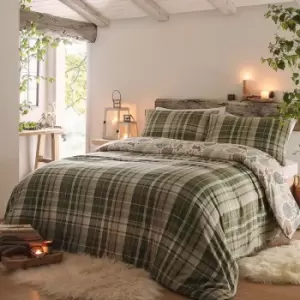 Image of Dreams & Drapes Lodge Winter Forest Check 100% Brushed Cotton Reversible Duvet Cover Set, Green, Super King