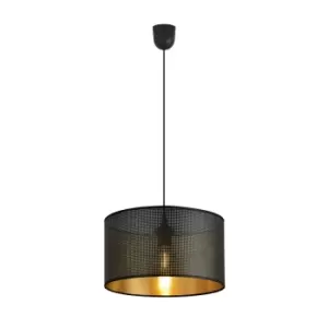 Image of Aston Black Cylindrical Pendant Ceiling Light with Black, Gold Fabric Shades, 1x E27