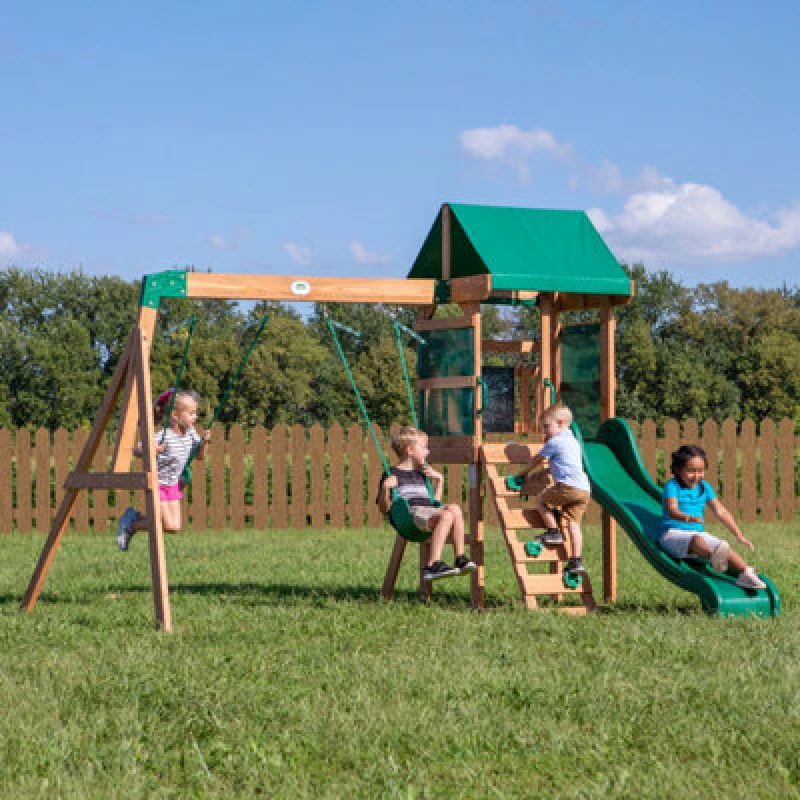 Image of Backyard Discovery Buckley Hill Cedar Wooden Climbing Frame With 2 X Swings And 1 X Slide