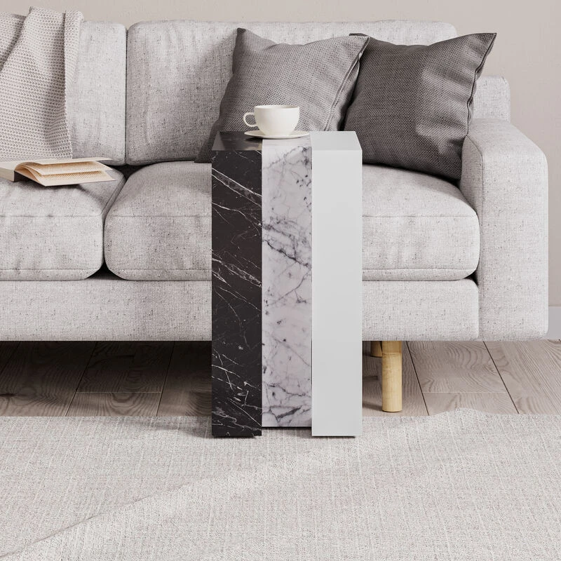 Image of DECORTIE Decortie - Muju Modern c Shape Table Multipurpose - Black Marble Effect / White Marble Effect / White - Black Marble Effect M.SH.13620.8