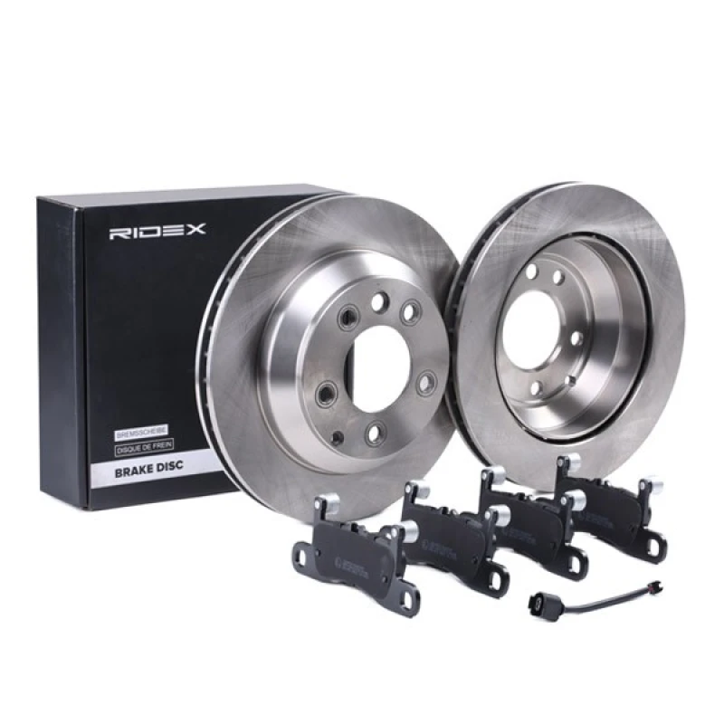 Image of RIDEX 3405B1731 Brake disc and pads set Rear Axle, Brake Disc Type: internally vented, prepared for wear warning indicator Brake Set,disc brakes (340