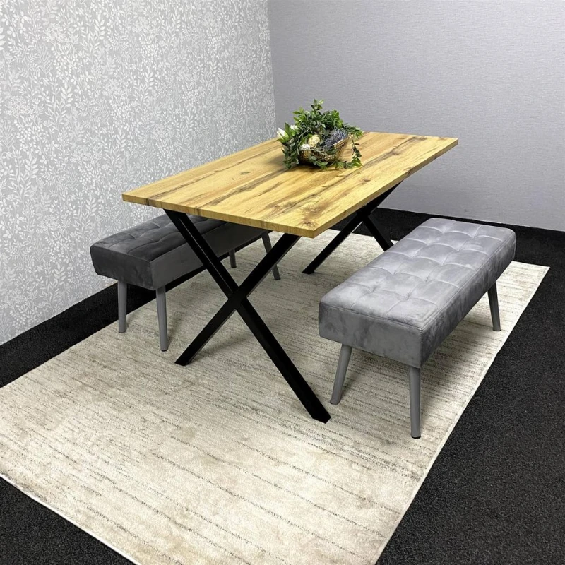 Image of KOSY KOALA Wooden Dining Table with 2 Grey Velvet Padded Benches, Stylish Dining Room Furniture in Brown Brown Unisex