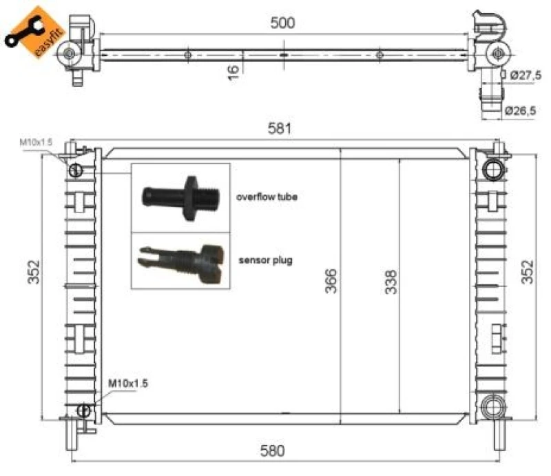 Image of NRF 58276 Engine radiator Brazed cooling fins, Aluminium, with mounting parts Aluminium Radiator,engine cooling (470)