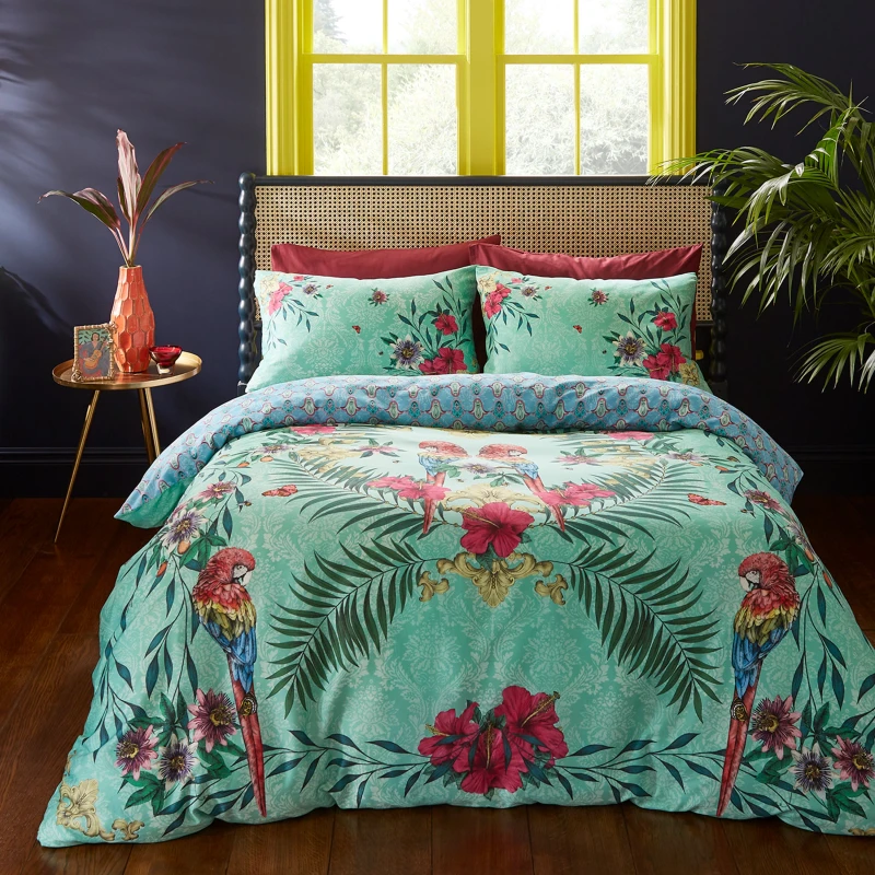 Image of Matthew Williamson Paradise Parrot Pure Cotton Duvet Cover Bedding Set Green