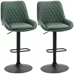 image of HOMCOM Retro Bar Stools Set of 2, Adjustable Kitchen Stool, Upholstered Bar Chairs with Back, Swivel Seat, Green