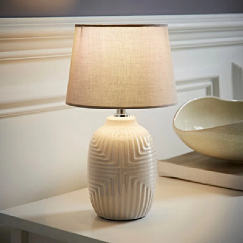 Image of ValueLights ValueLights Harrison Taper Shade Grey Geometic Ribbed Gloss Table Lamp and Bulb Size: Small Grey Small Unisex 5059406066467
