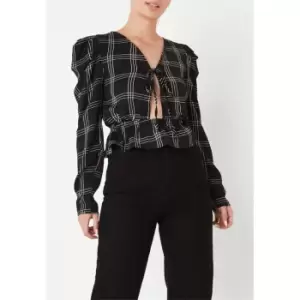 image of Missguided Tall Check Tie Front Puff Sleeve Peplum Top - Multi