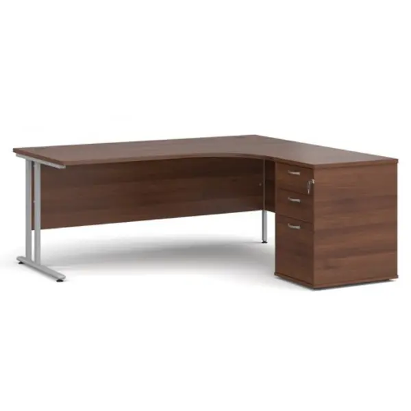 Image of Office Desk Right Hand Corner Desk 1800mm With Pedestal Walnut Top With Silver Frame Maestro 25