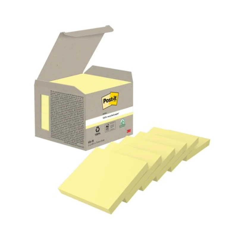 Image of Post-It Recycled Notes 100 Sheets 76x76mm Canary Yellow Pack of 6 3M72313