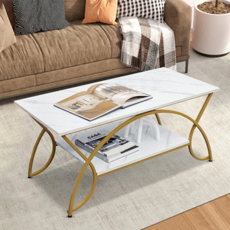 Image of Costway Modern Faux Marble Coffee Table 2-Tier Rectangular Accent Table Chic Cocktail