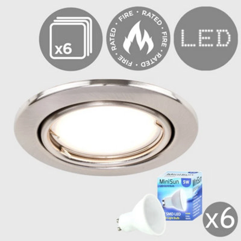 Image of ValueLights Downlight Tiltable Fire Rated Ceiling Light Fitting 6 Pack With Cool White Bulbs Silver