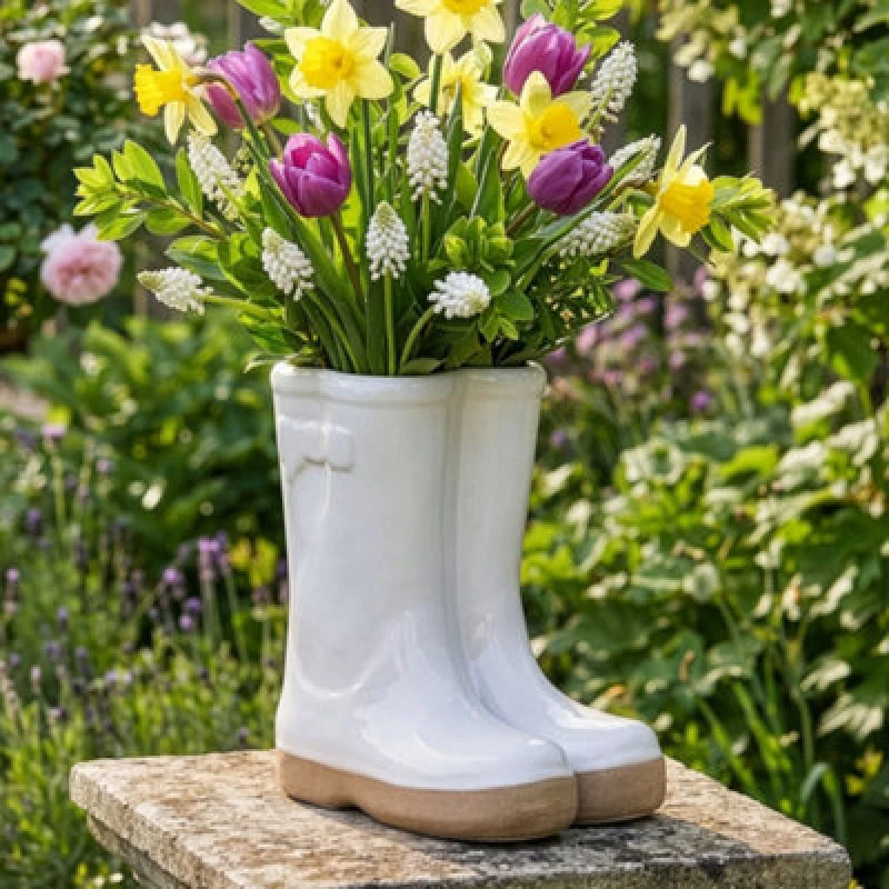 Image of Dibor Small White Double Wellington Ceramic Indoor Outdoor Flower Pot Garden Planter Pot (H) 17cm, (W)15cm White Unisex S
