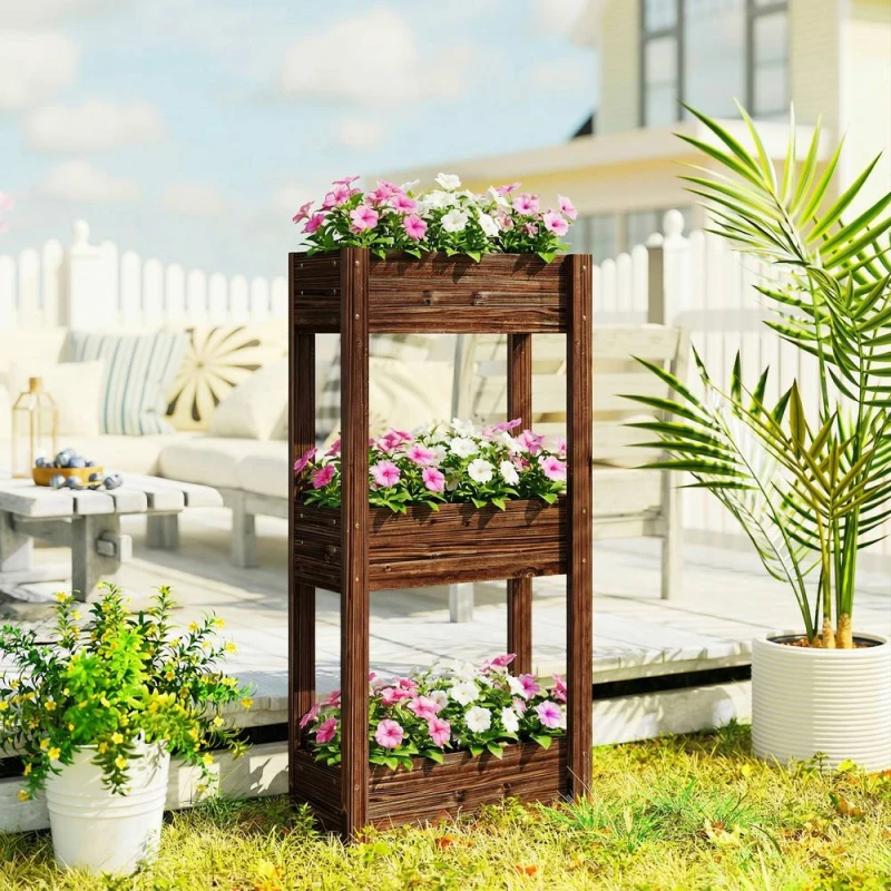 Image of OUTSUNNY 3-Tier Wooden Raised Planter, Raised Garden Bed on Legs in Brown Brown Unisex