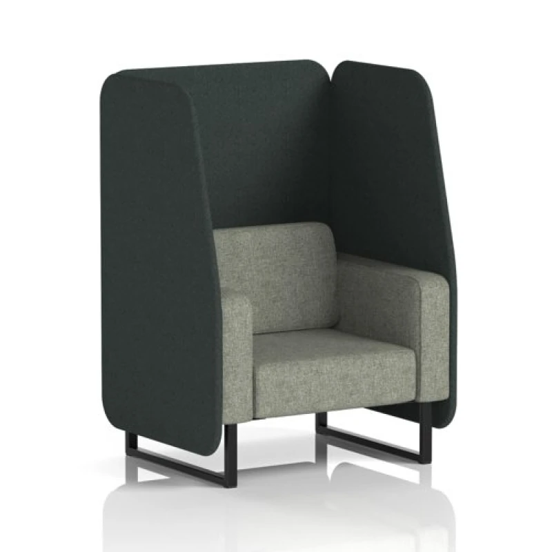 Image of Brixworth 1 Seater Open Office Booth with Black Legs in Rivet Fabric - Charcoal Panels and Vitreous Sofa