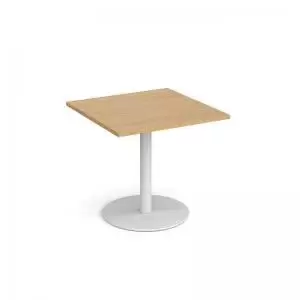 image of Monza square dining table with flat round white base 800mm - oak