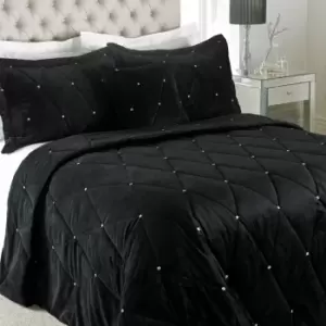 image of Paoletti New Diamante Velvet Bedspread & Pillowcase Shams Pair Polyester Black