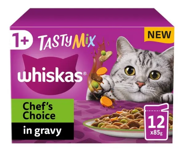 image of Whiskas 1+ Cat Pouches Tasty Mix With Veg in Gravy Cat Food 12 x 85g