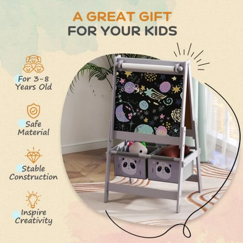 Image of AIYAPLAY Kids Easel w/ Paper Roll, Blackboard, Whiteboard, Storage, Grey 3B0-011V80GY