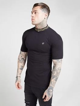 image of SikSilk Short Sleeve Chain Ribbed Collar Polo Shirt - Black Size M Men