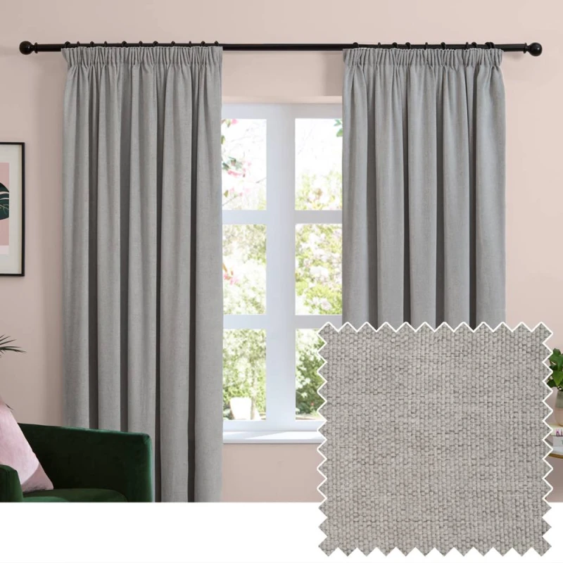 Image of Furn Soft Chenille Blackout Pencil Pleat Curtain Pair in Silver Size: 229cm width x 229cm drop Silver Unisex 229cm width x 229cm drop