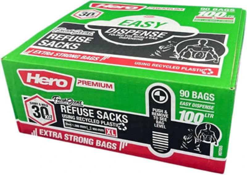 Image of Hero Scented Heavy Duty Bin Bags Liners 100L Waste Rubbish Sacks Easy Dispense Pack Of 90 - Household, Garden & Commercial Use
