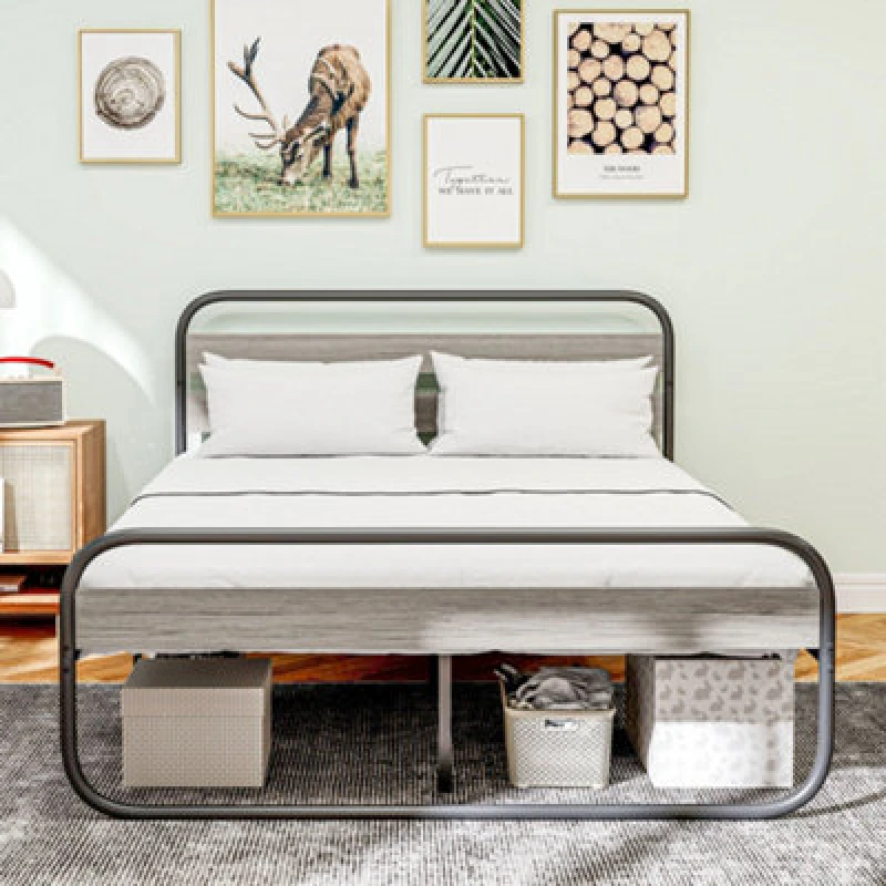 Image of HOMCOM Metal Platform Bed Frame with Under Bed Storage - 4ft6 TJ Hughes Grey 5061025077281