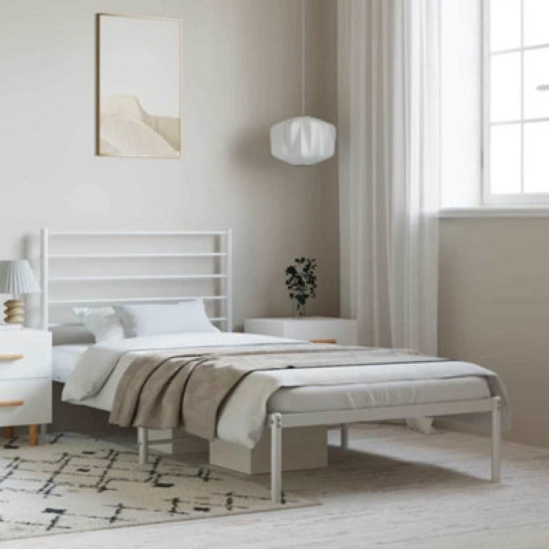 Image of Vidaxl Metal Bed Frame Without Mattress With Headboard White 100X190Cm