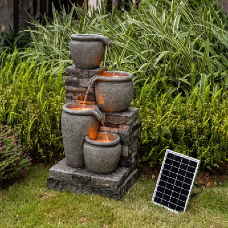 Image of Teamson Home Outdoor 30.7'' 4 Tier Cascading Urn Stacked Stone Fountain Yard Decor Gray, Grey FT0224GS