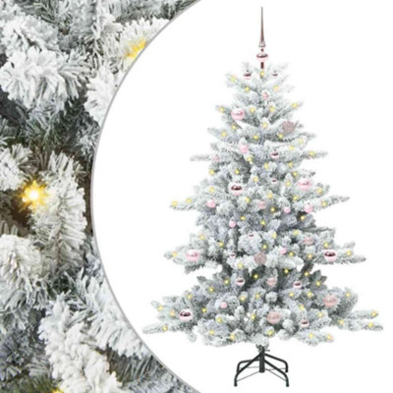 Image of vidaXL Artificial Hinged Christmas Tree with 150 LEDs, Pink Balls Snow Flocked 150cm PVC, Green 3397707
