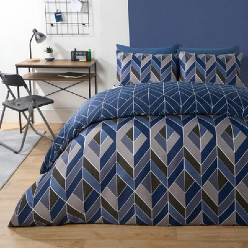 Image of OHS OHS Geo Duvet Cover Bedding Set Pillowcase Reversible Quilt Soft Chevron in Dark Navy Size: Single Dark Navy Single Unisex 5027434203666