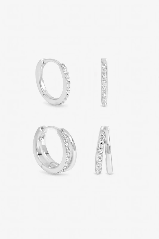 Image of Inicio Womens Sterling Silver Plated Polished & Pave Hoops - Pack of 2 Silver Female One Size