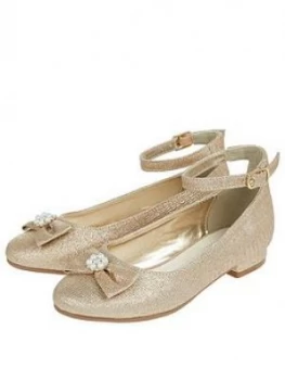 image of Monsoon Girls Rebecca Glitter Bow Shoe - Gold, Size 13 Younger