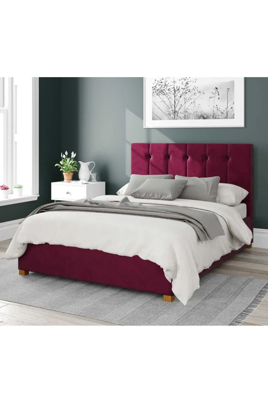 Image of Aspire Aspire Hepburn Upholstered Ottoman Storage Bed, Plush Velvet Fabric in Wine Size: Double Wine Double Unisex 5057632188731