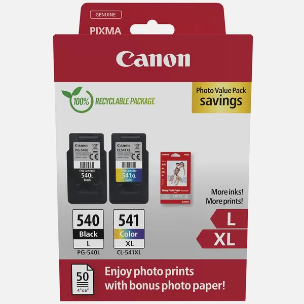 Image of Canon PG-540L Black + CL-541XL Colour High Yield Ink Cartridges + Photo Paper Value Pack