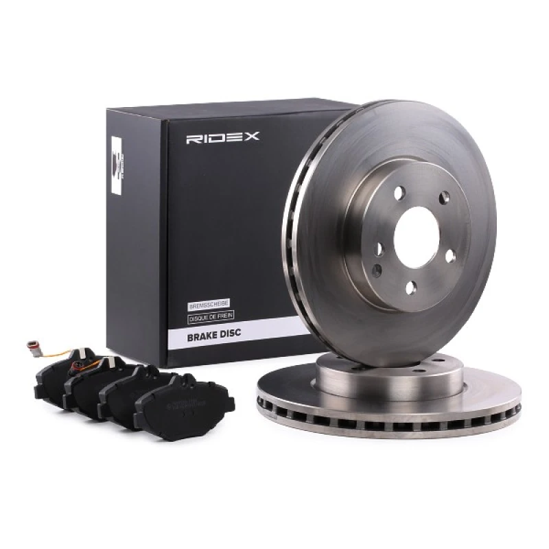 Image of RIDEX 3405B0105 Brake disc and pads set Front Axle, Brake Disc Type: Vented, incl. wear warning contact Brake Set,disc brakes (3405)