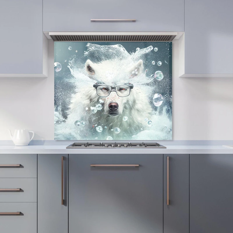 Image of Warren Reed - Designer White Wolf With Glasses Splashart Kitchen Splashback Size: 600mm x 750mm White Unisex 600mm x 750mm