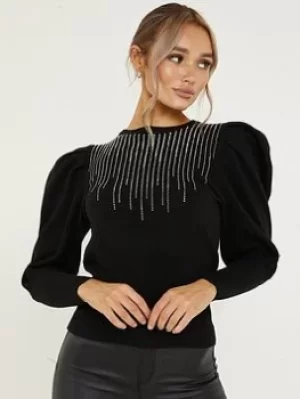 image of Quiz Knitted Diamante Puff Sleeve Jumper, Black, Size S, Women