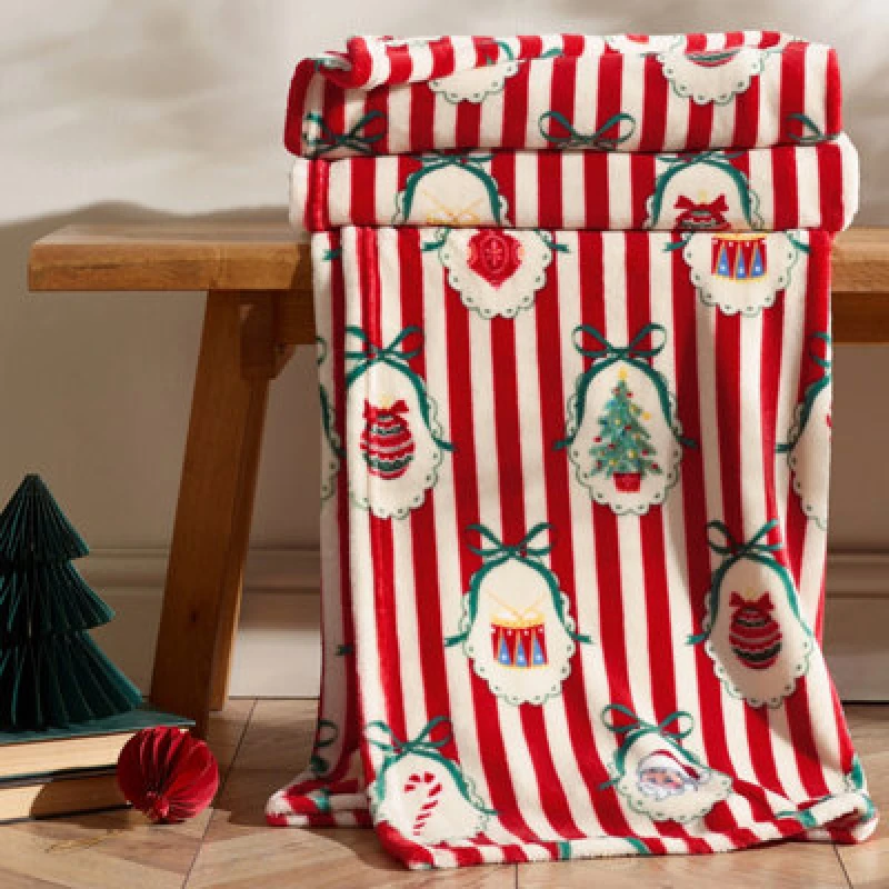Image of Catherine Lansfield Christmas Vintage Stripe Cosy Fleece 130X170Cm Blanket Throw Red